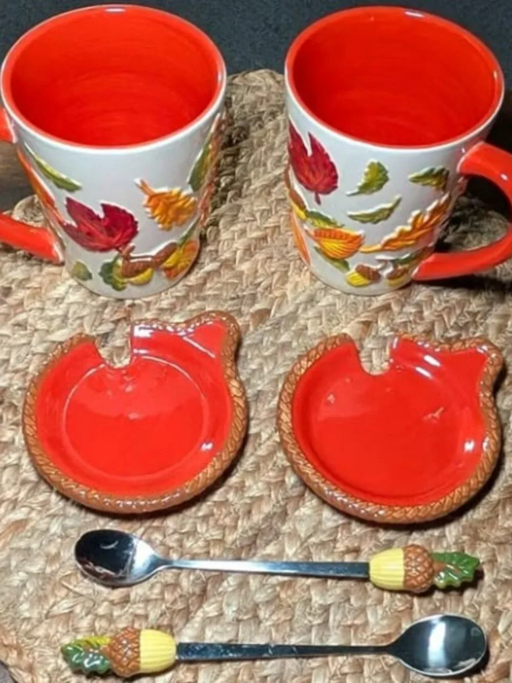 Temp-tations by Tara Autumn Harvest Mug Set Saucer Spoon Embossed Leaf & Acorn